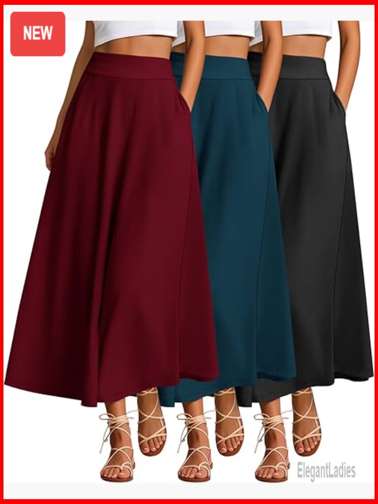 High Waisted Maxi Skirt With Pockets, A-Line Flowy Casual Summer Skirt